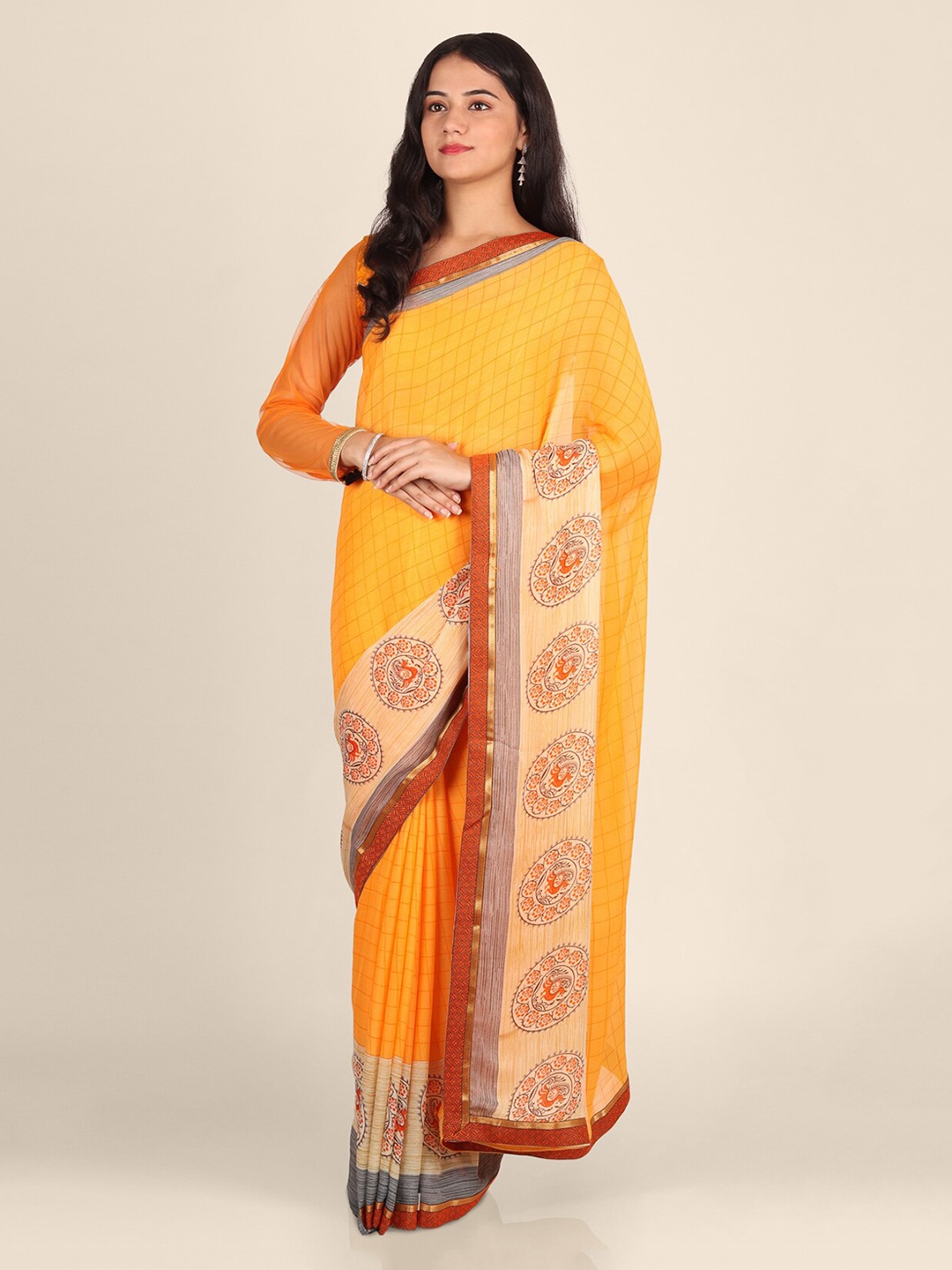 

CLAI WORLD Yellow & Orange Poly Georgette Checked Saree