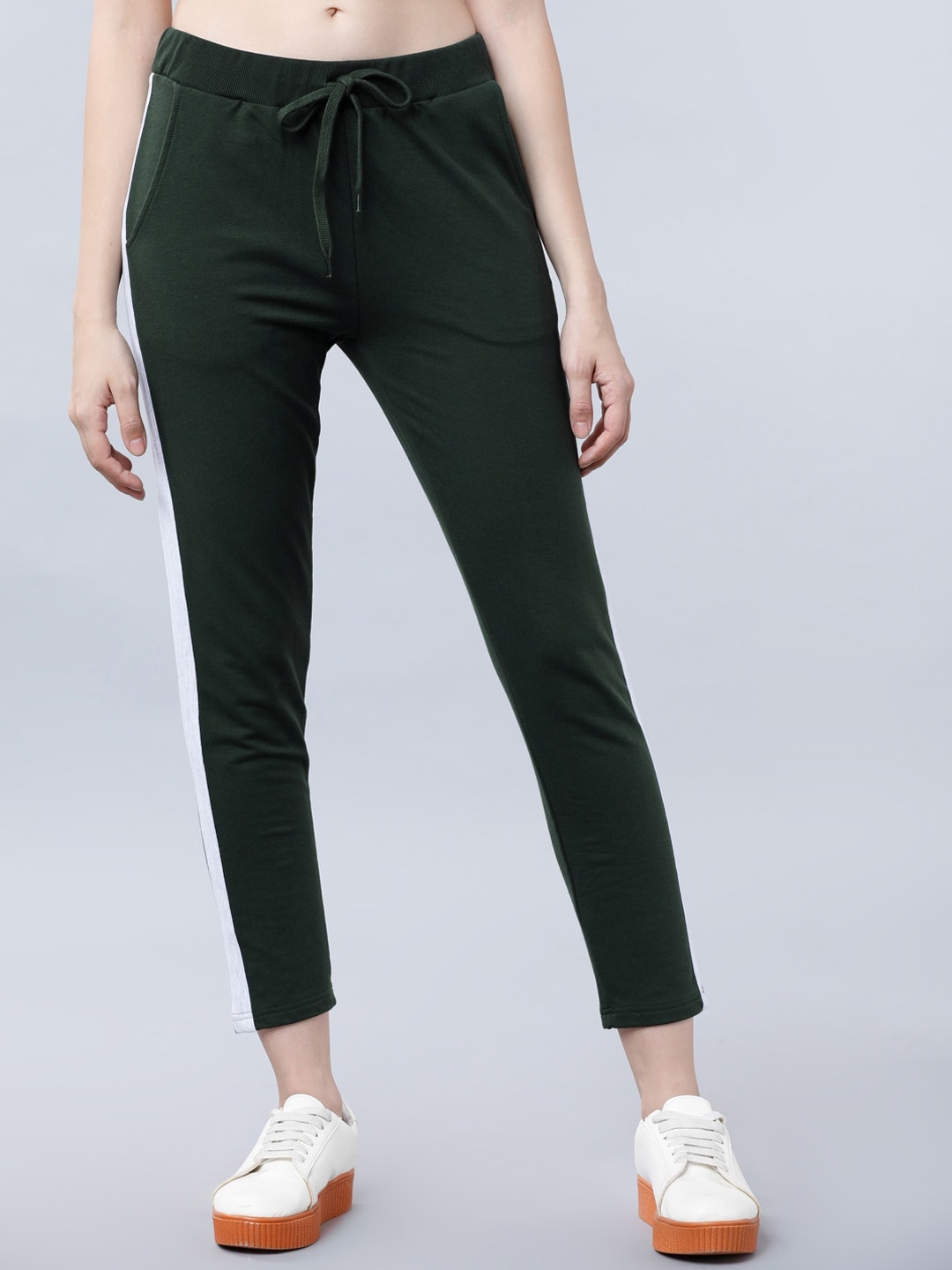 

Tokyo Talkies Women Olive Green & White Solid Slim Fit c Track Pants