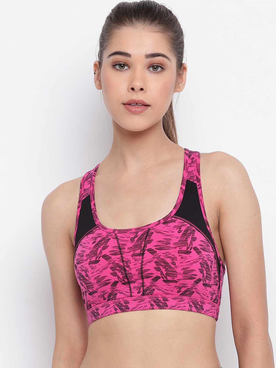 

Enamor Pink Print Non-Wired Removable Pads High Coverage Medium Impact Sports Bra SB08