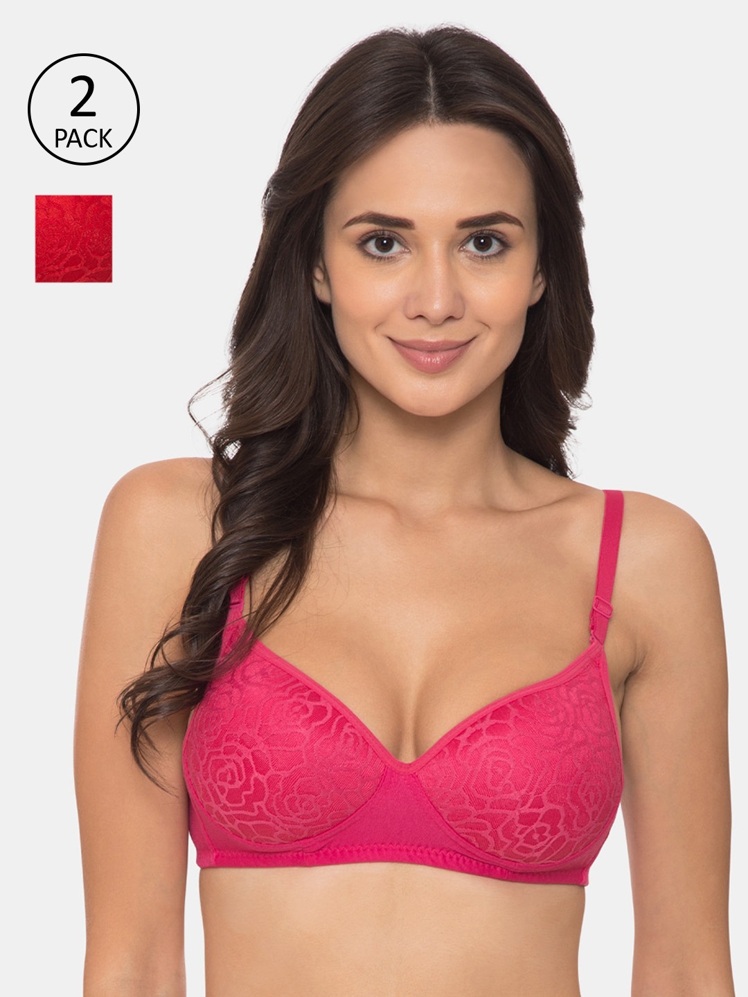 

KOMLI Pink & Red Printed Non-Wired Lightly Padded T-shirt Bra