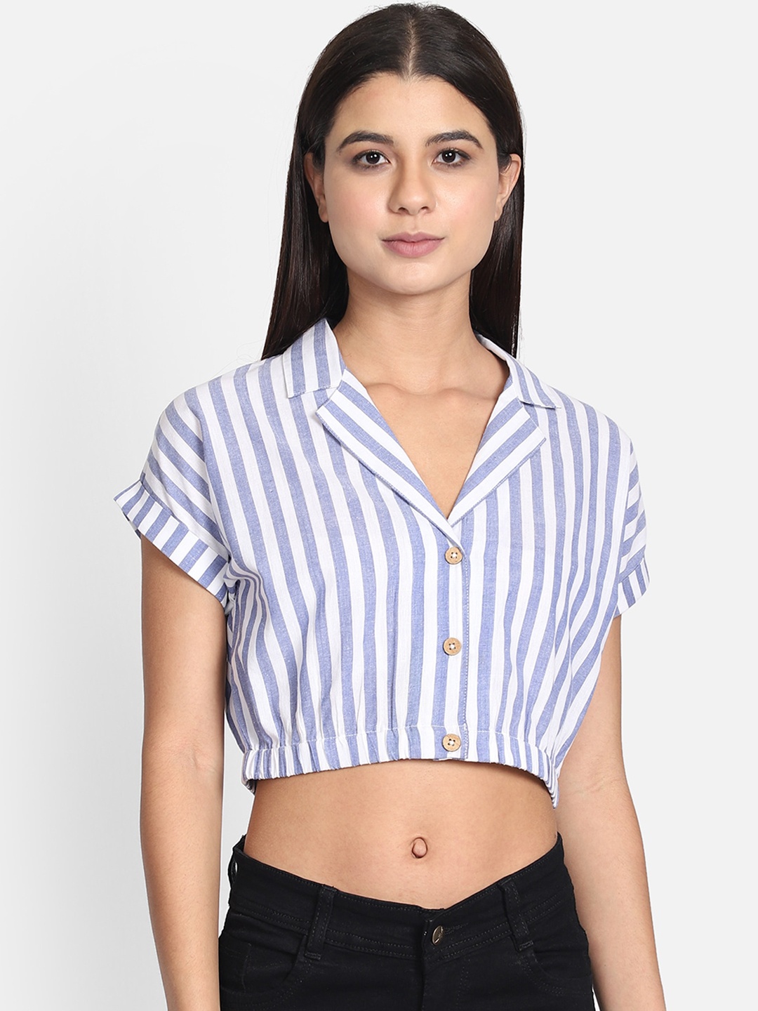 

Yaadleen Women Blue & White Striped Shirt Style Crop Top