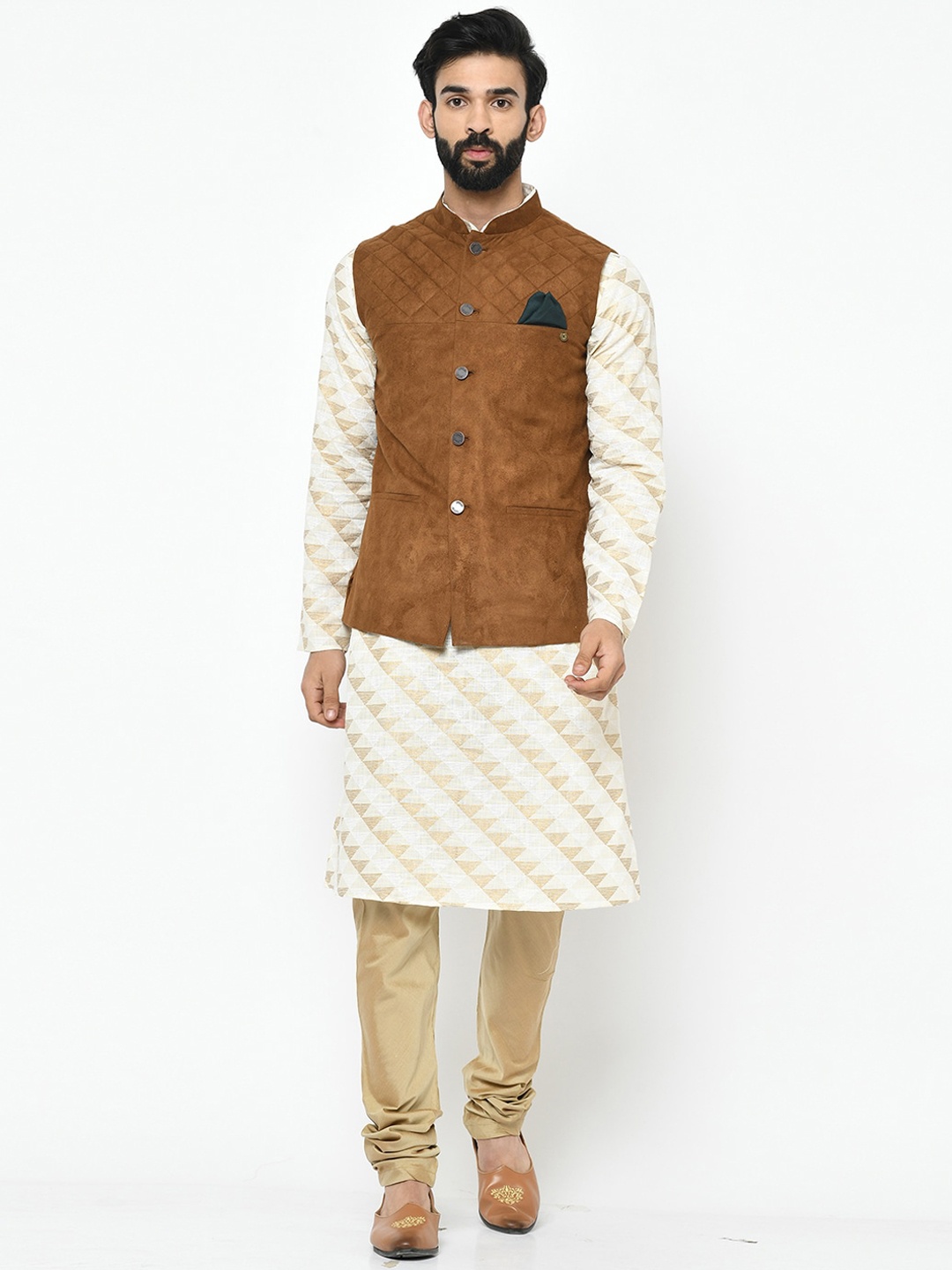 

KISAH Men Cream-Coloured & Gold-Toned Printed Kurta with Churidar & Nehru Jacket
