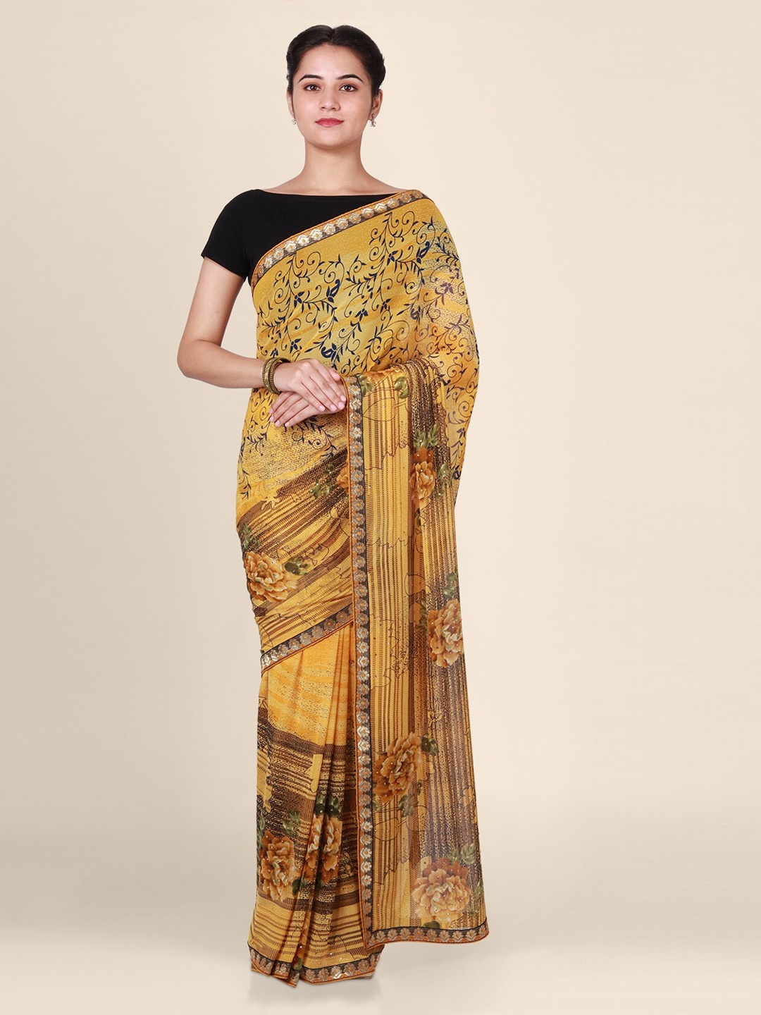 

CLAI WORLD Yellow & Brown Poly Georgette Printed Saree