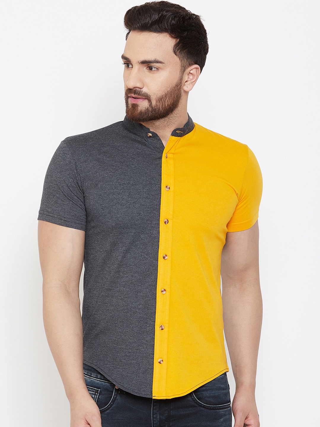 

GESPO Men Grey & Mustard Regular Fit Colourblocked Casual Shirt