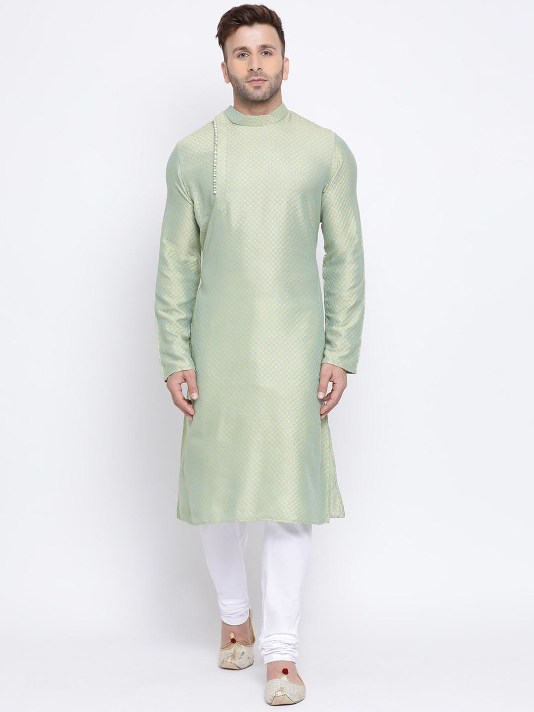 

NAMASKAR Men Green Cotton Linen Printed Straight Kurta