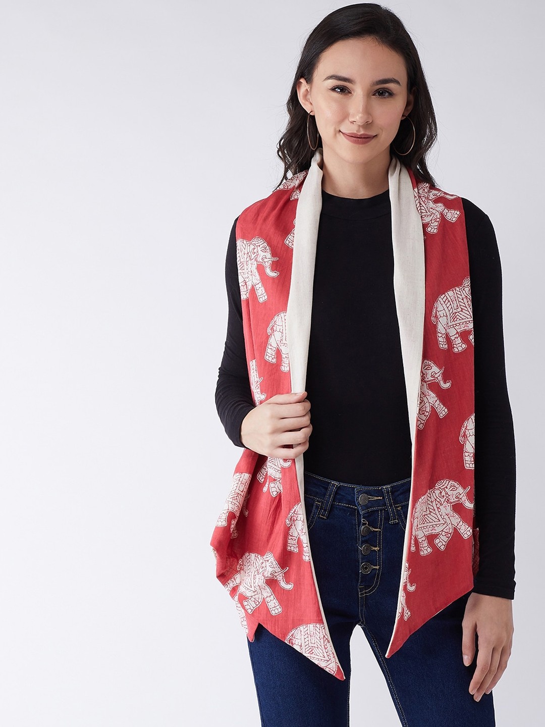 

InWeave Women Red & Off-White Printed Open Front Fusion Reversible Shrug