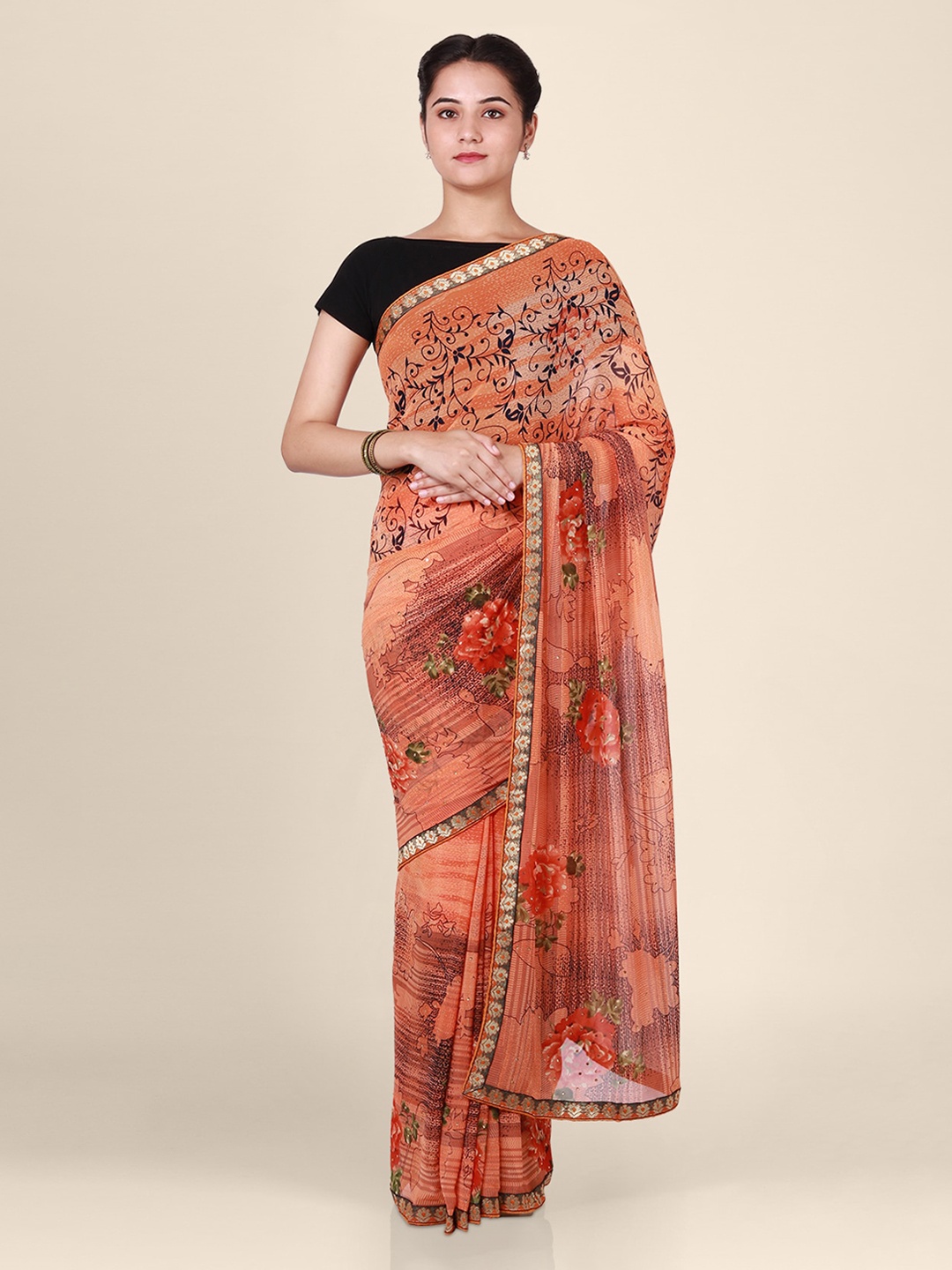 

CLAI WORLD Orange & Blue Poly Georgette Printed Saree