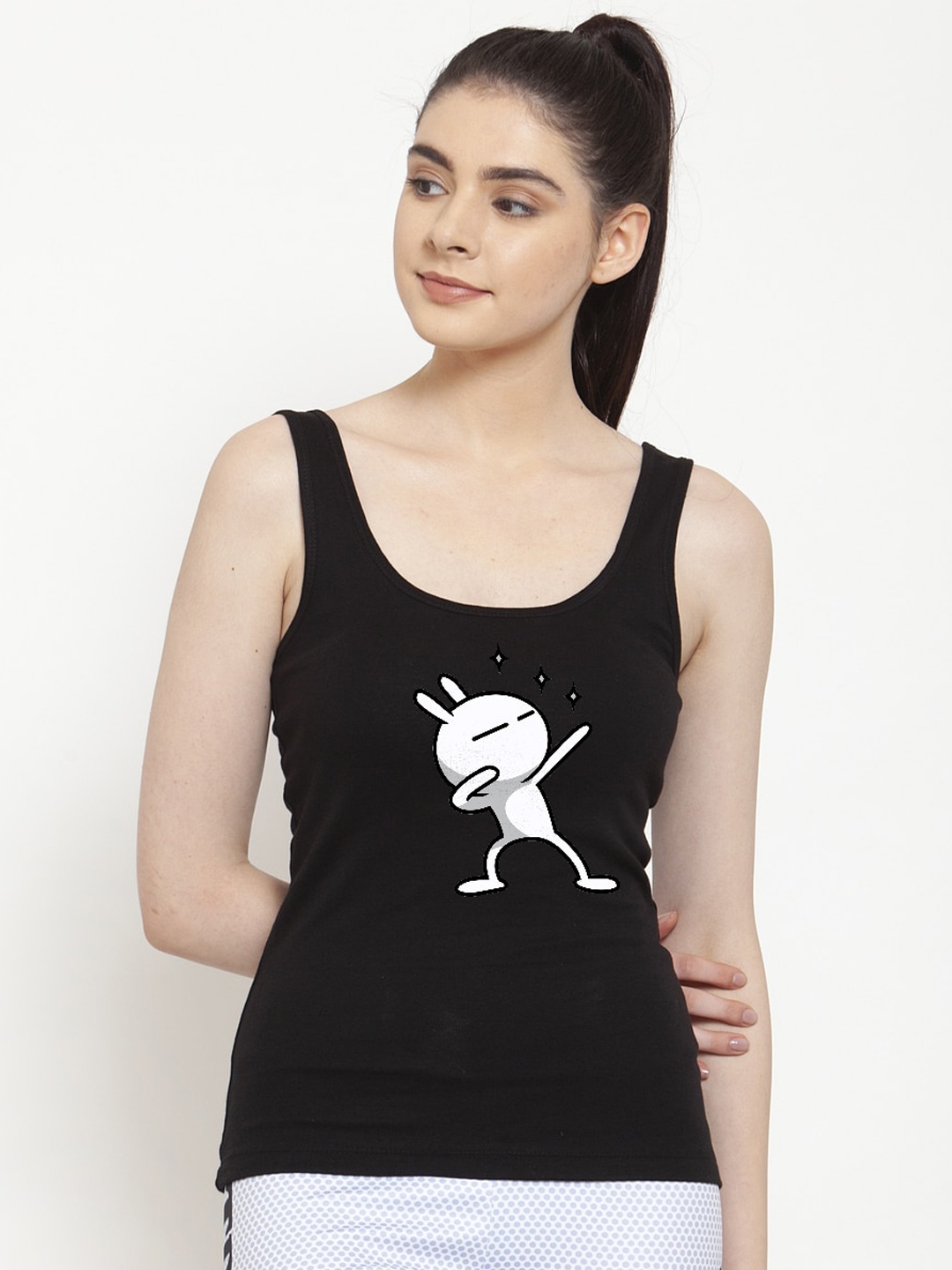 

Friskers Women Black Printed Tank Pure Cotton Top