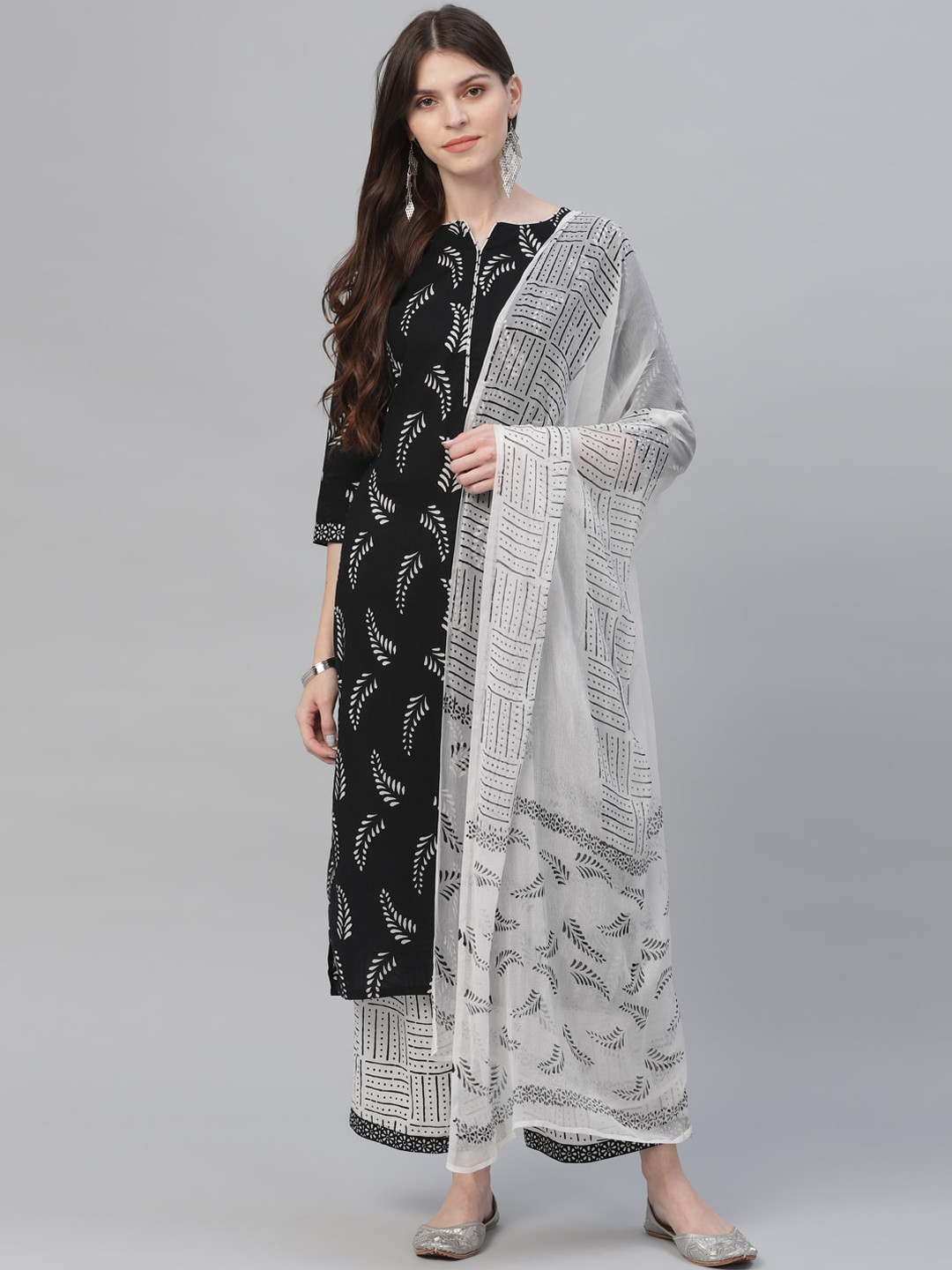 

Libas Women Black & White Printed Kurta with Palazzos & Dupatta