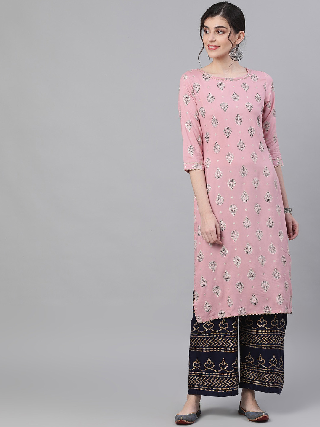 

Ishin Foil Printed Straight Kurta with Palazzos, Pink