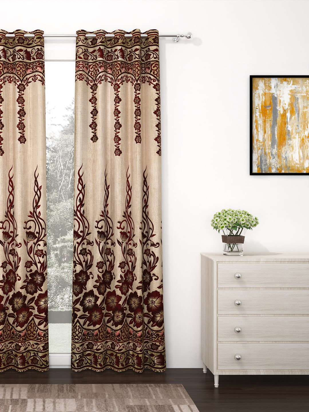 

Story@home Beige & Brown Premium Jacquard 350GSM Room Darkening Eyelet Single Long Door Curtain