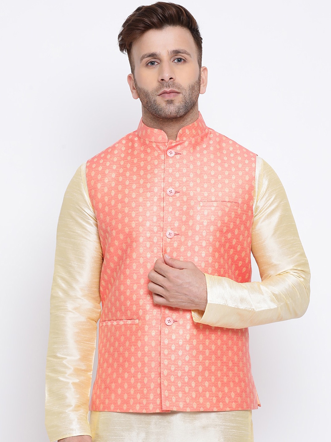 

NAMASKAR Men Pink Solid Nehru Jacket