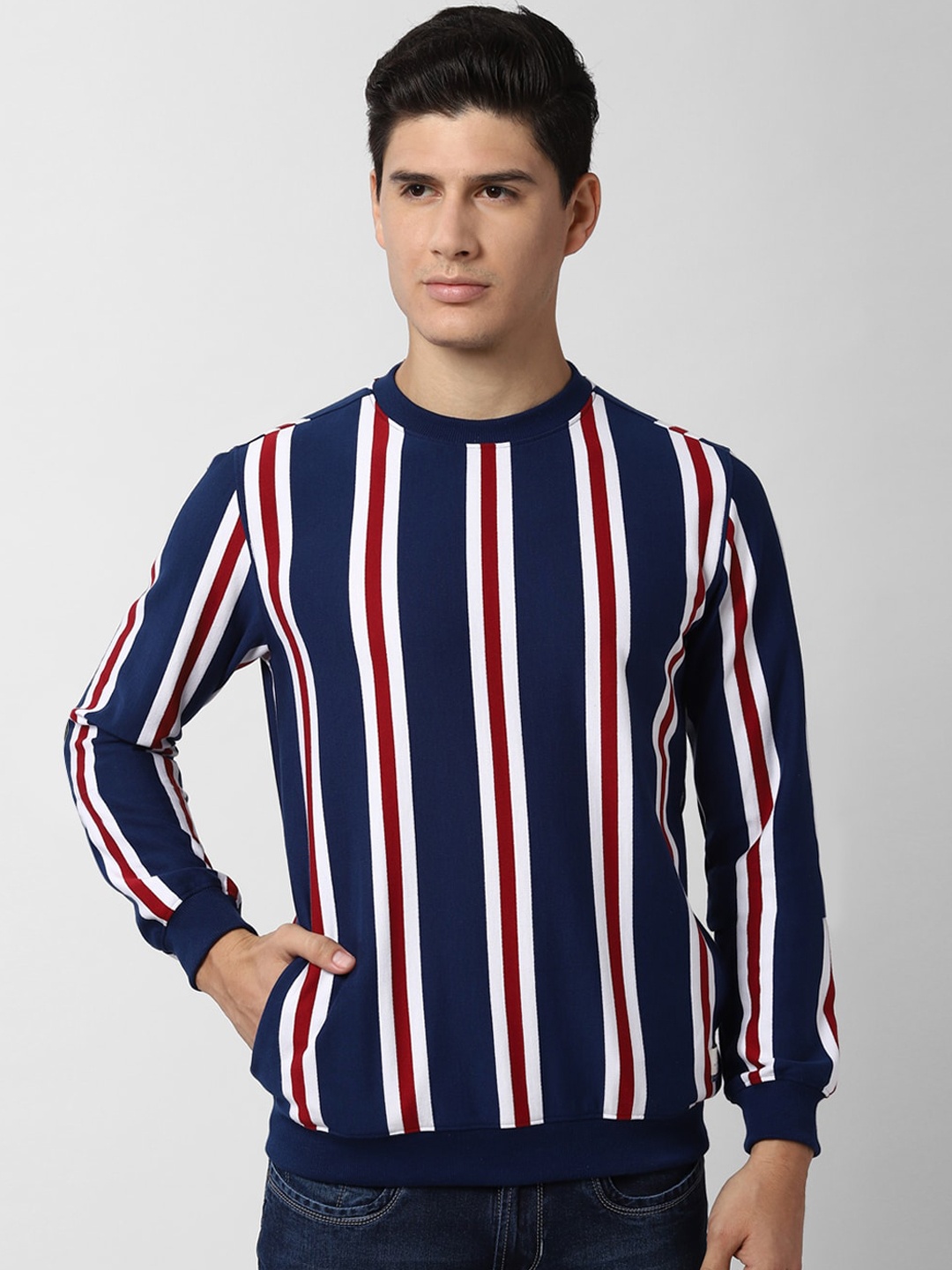 

Peter England Casuals Men Navy Blue & Red Striped Sweatshirt