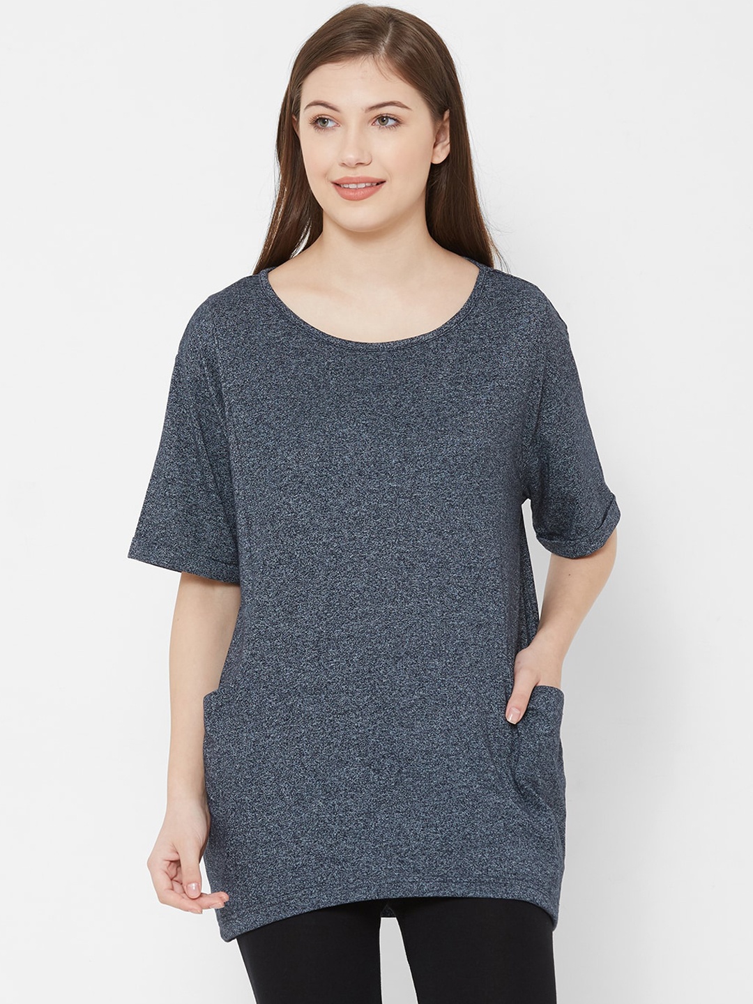 

Mystere Paris Women Charcoal Grey Solid Longline Lounge T-shirt
