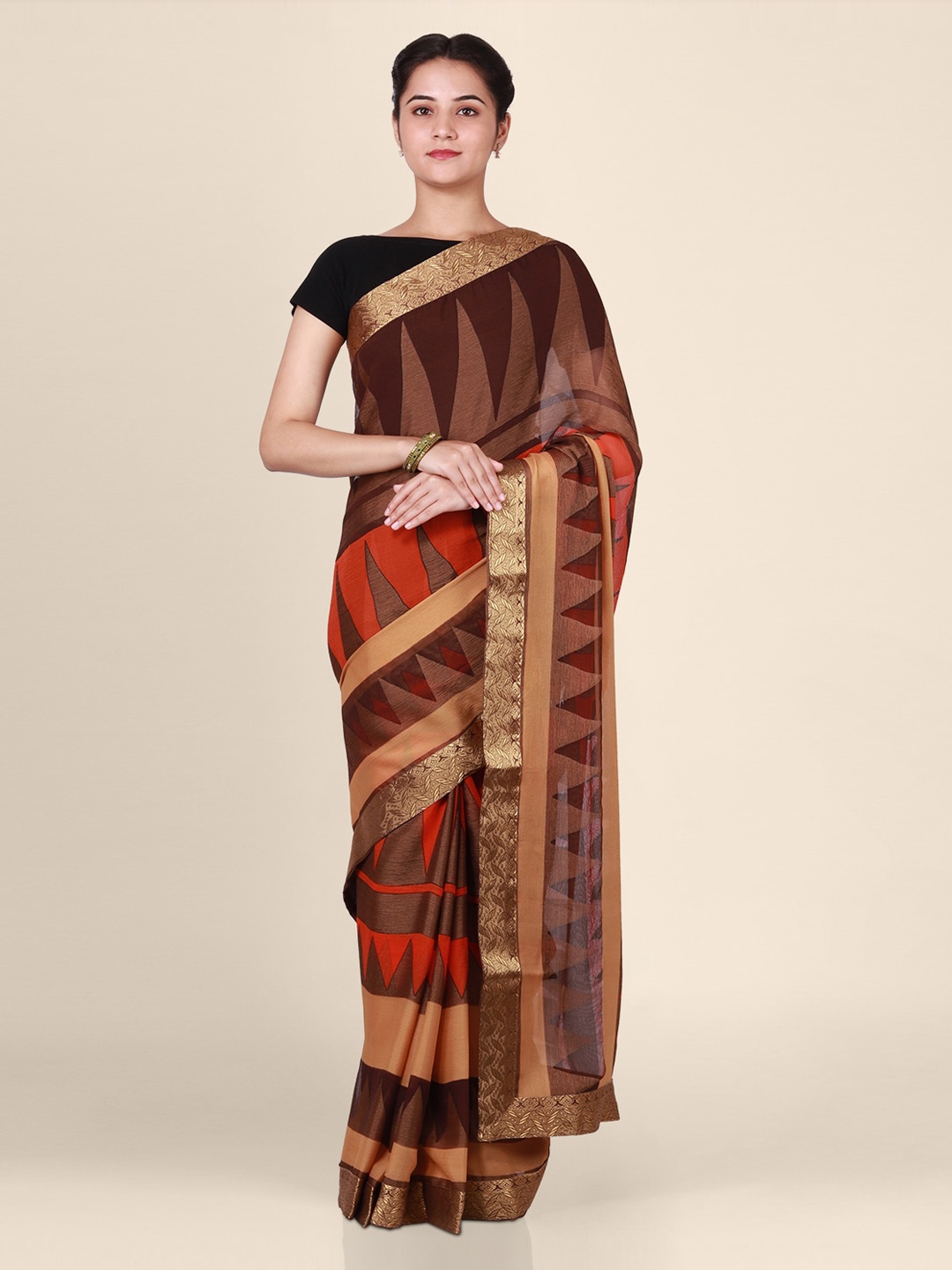 

CLAI WORLD Brown & Gold-Toned Poly Georgette Printed Saree
