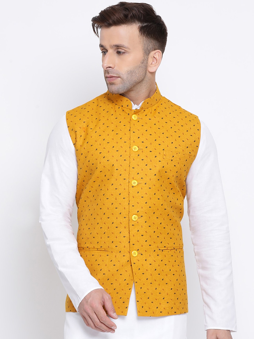 

NAMASKAR Men Yellow Printed Nehru Jacket