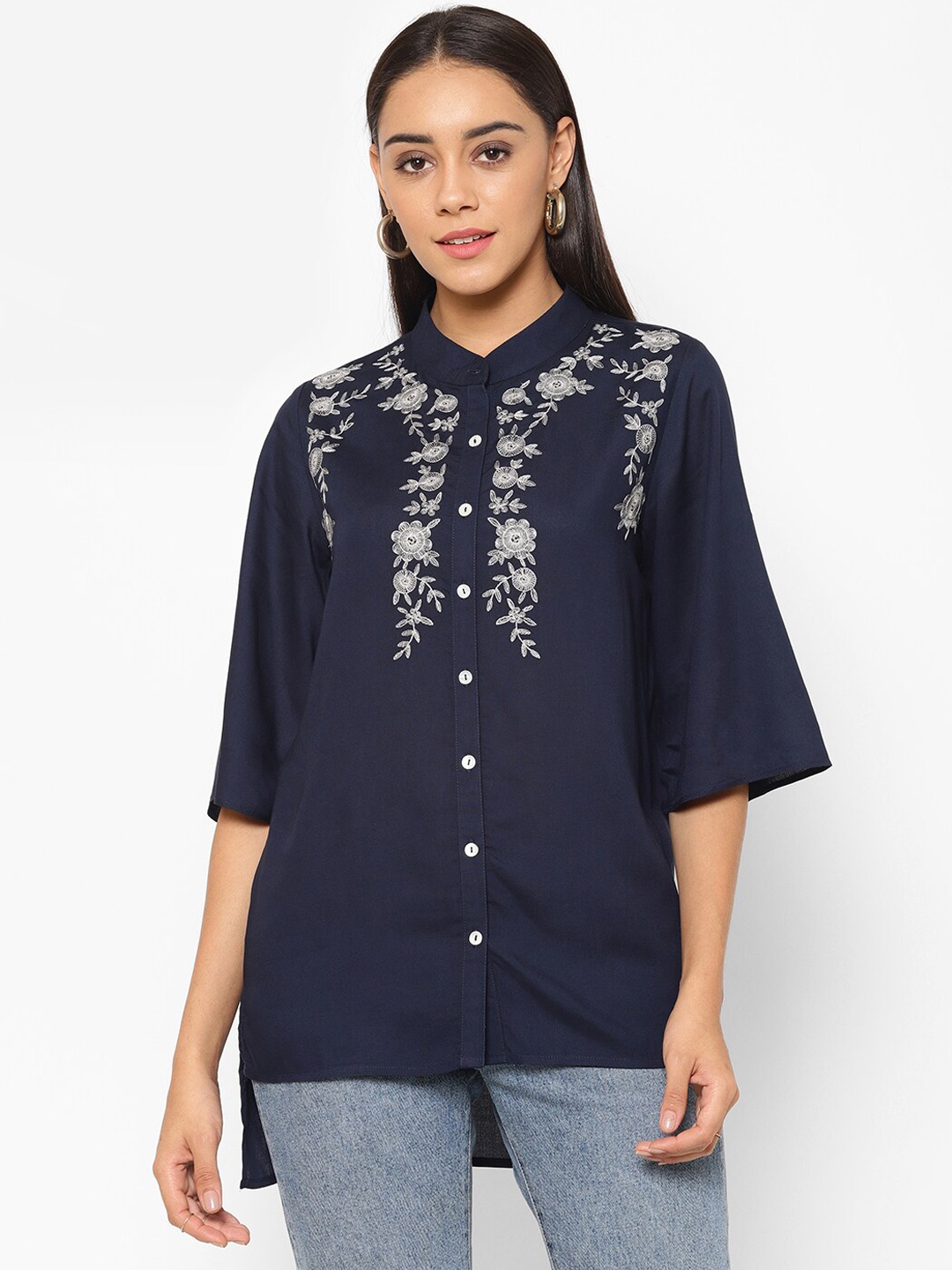 

HOUSE OF KKARMA Women Navy Blue Embroidered Shirt Style Top