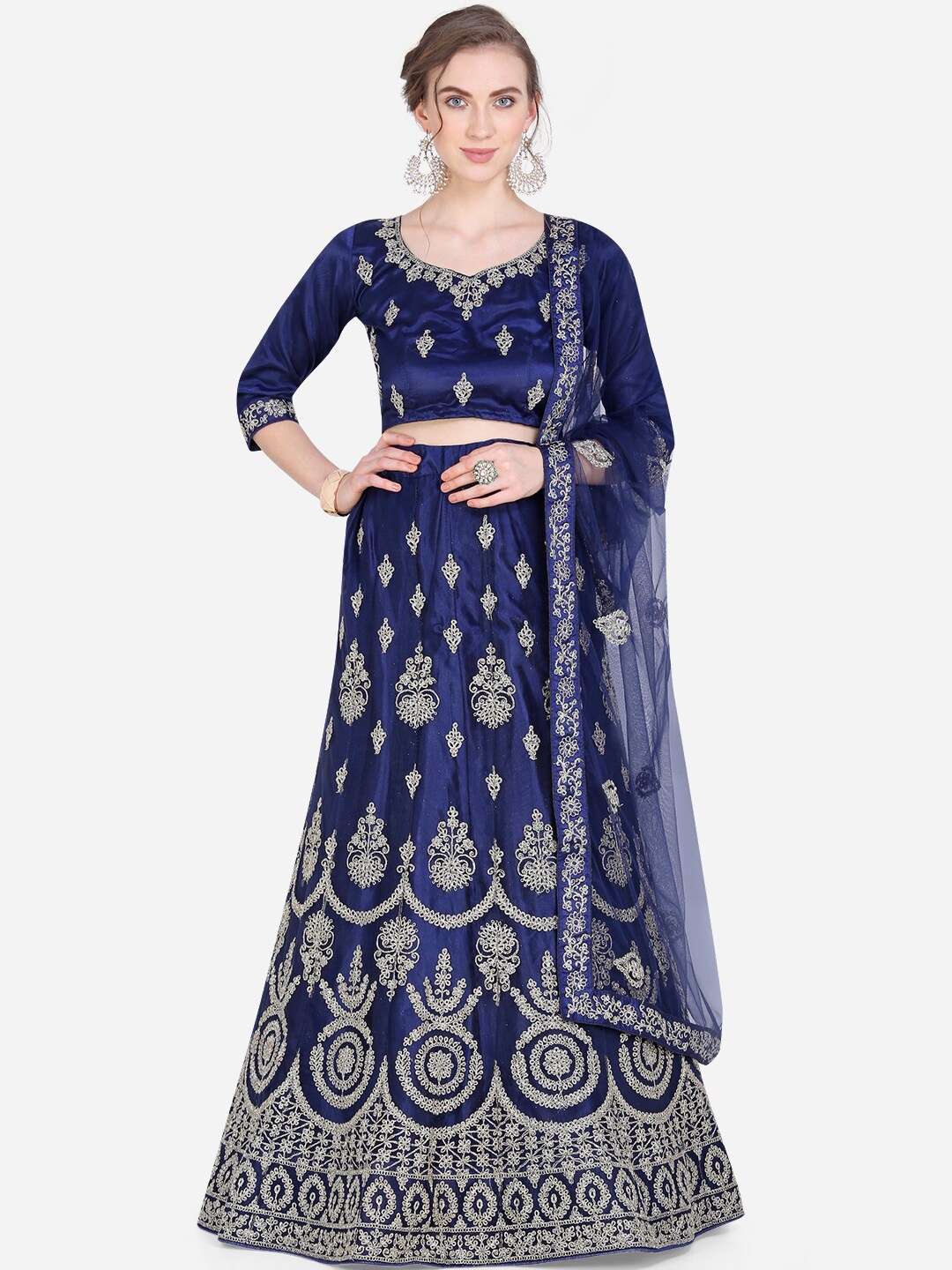 

Mitera Women Navy Blue & Gold-Coloured Embroidered Lehenga Choli With Dupatta