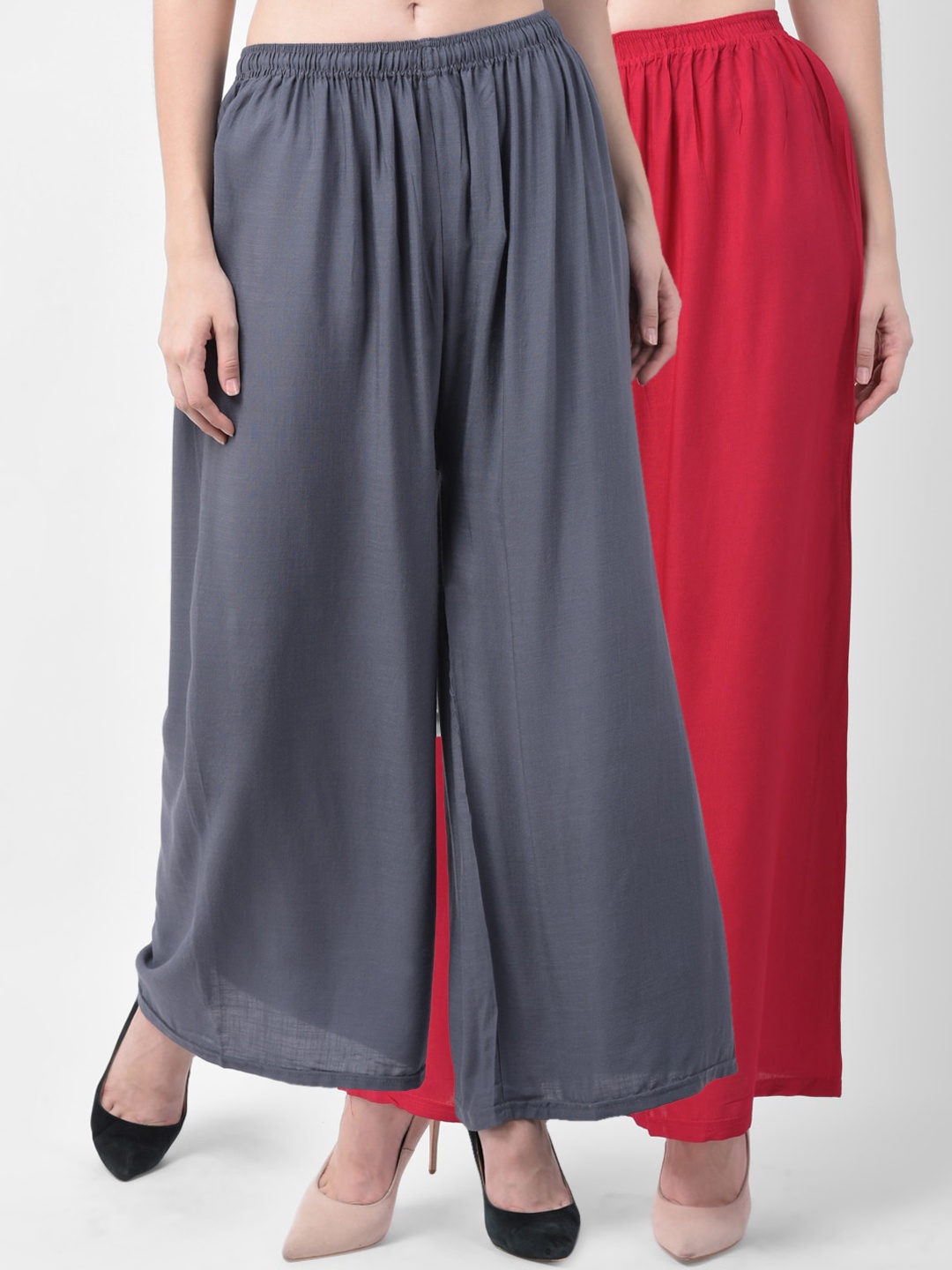 

GRACIT Women Pack of 2 Solid Flared Palazzos, Red
