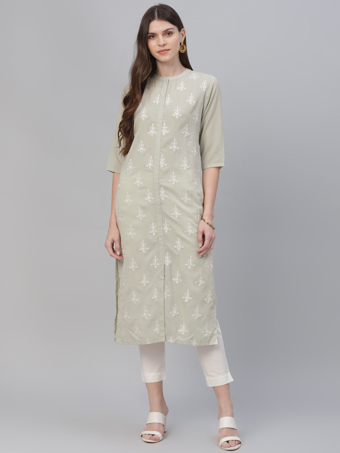 

Libas Women Beige & Off-White Embroidered Straight Kurta