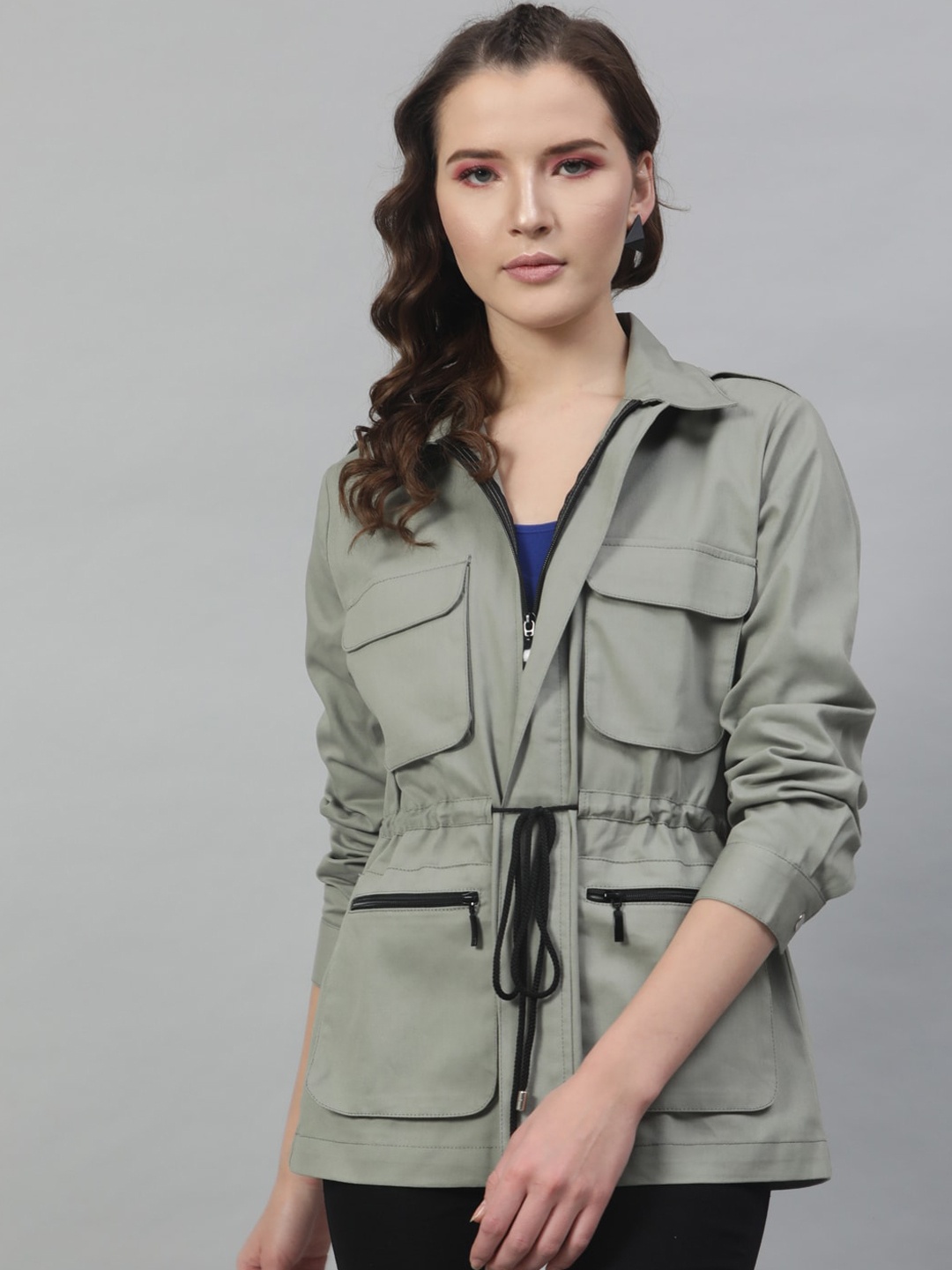 

STREET 9 Women Green Striped Lightweight Sporty Jacket