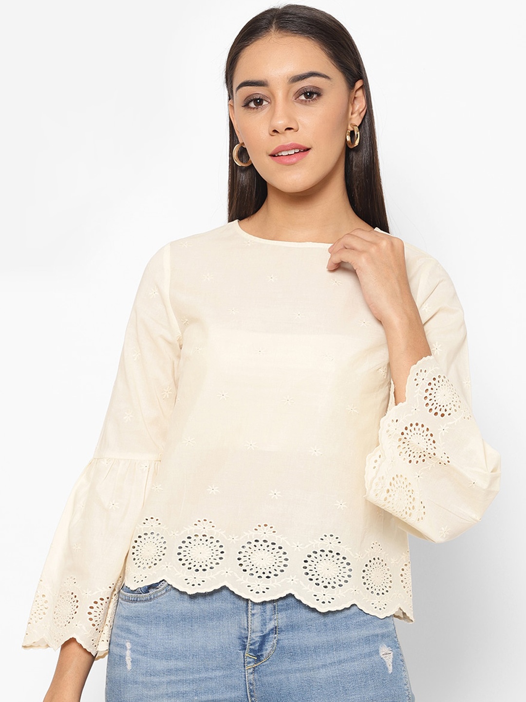 

HOUSE OF KKARMA Women Cream-Coloured Embellished Pure Cotton Top