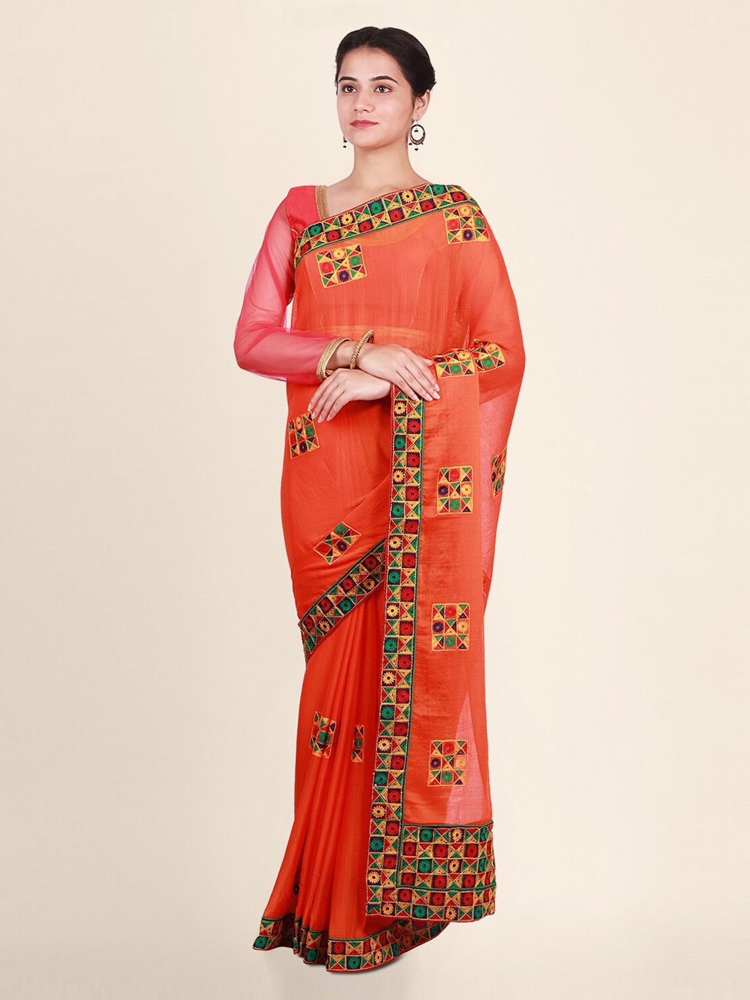 

CLAI WORLD Orange & Red Poly Georgette Embroidered Saree