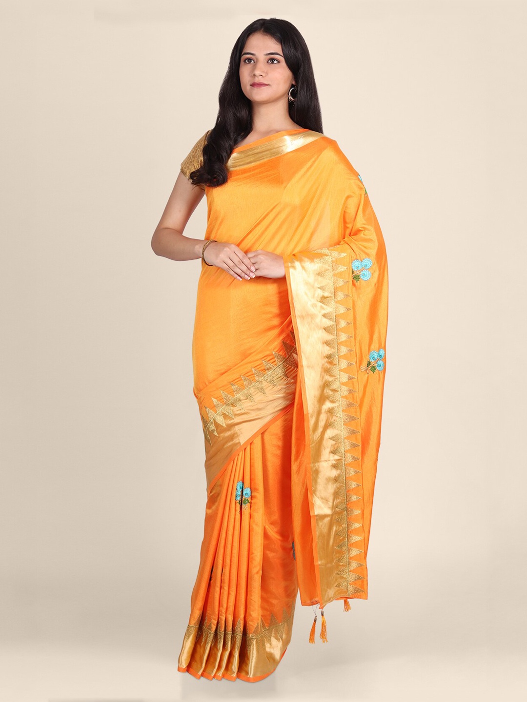 

CLAI WORLD Orange & Blue Silk Blend Floral Embroidered Handloom Saree