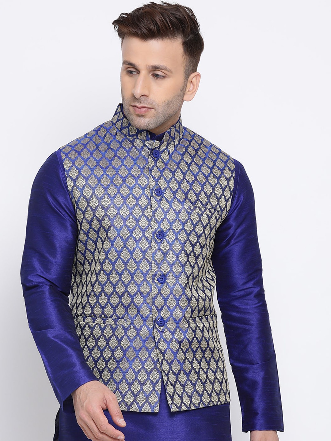 

NAMASKAR Men Blue & Gold-Colored Woven Design Nehru Jacket