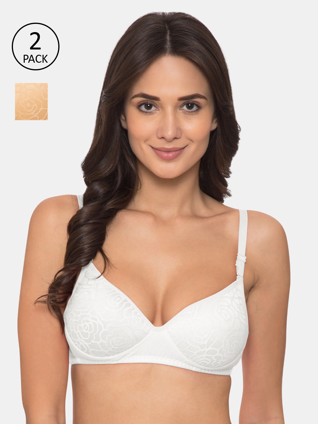 

KOMLI Pack of 2 Solid Non-Wired Lightly Padded T-shirt Bra K-9621-OFFW-2PC-SK-30B-Off, White