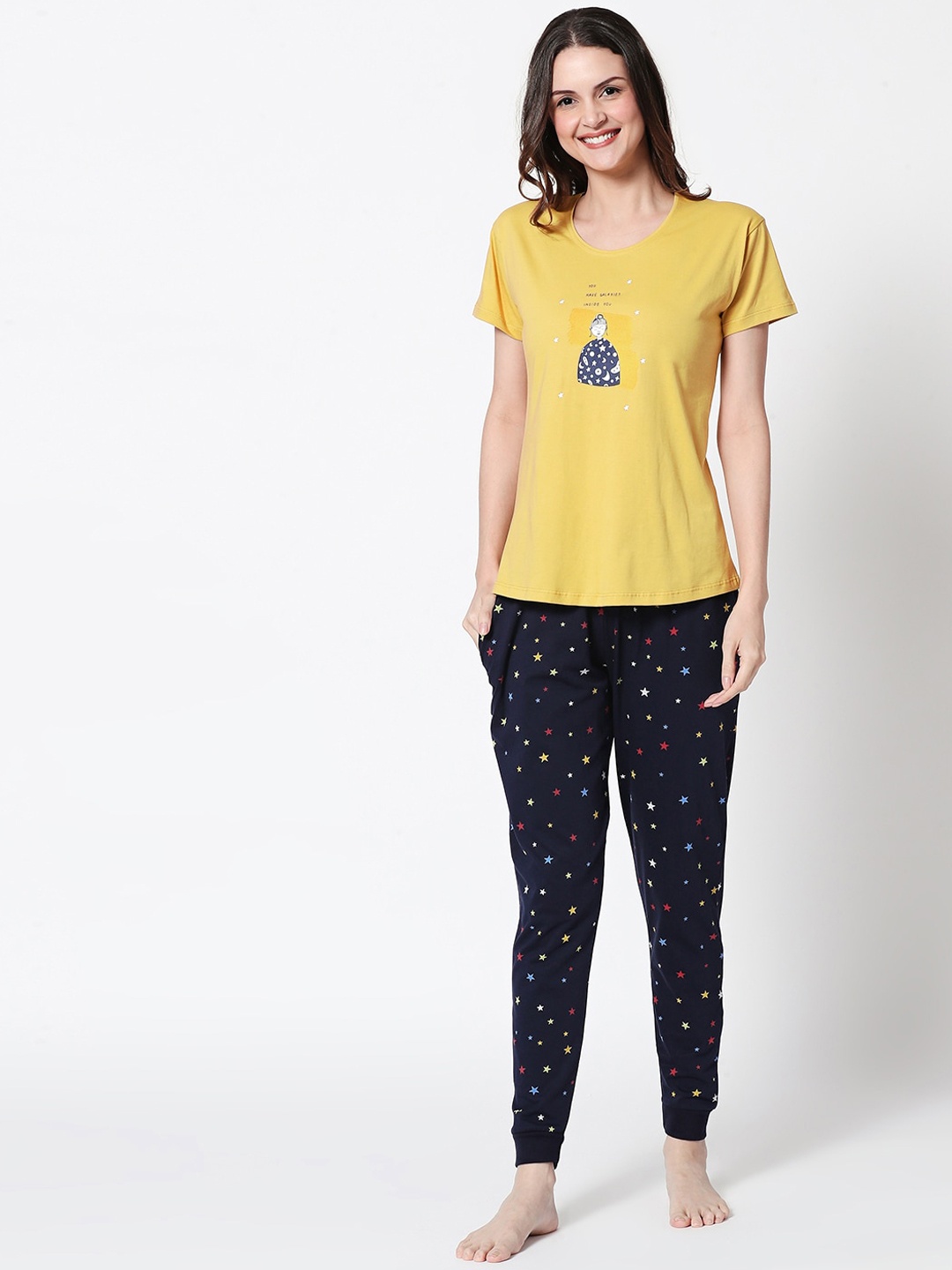 

Zeyo Women Yellow & Navy Blue Printed Night Suit
