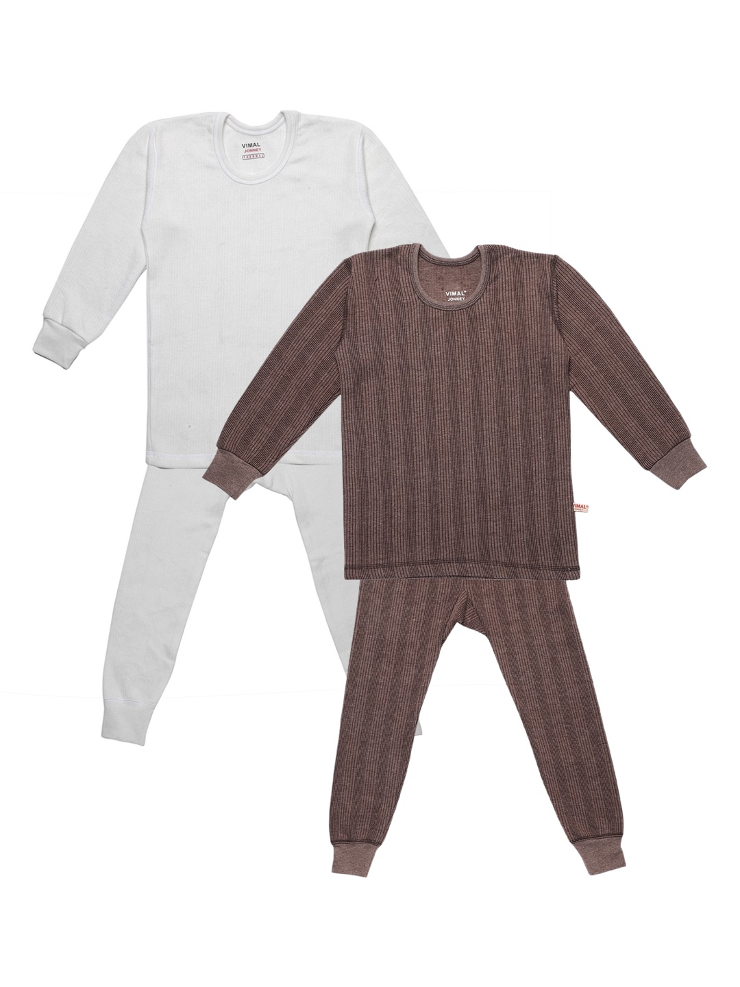 

VIMAL JONNEY Kids Pack of 2 Striped Thermal Top and Bottom Set, Brown