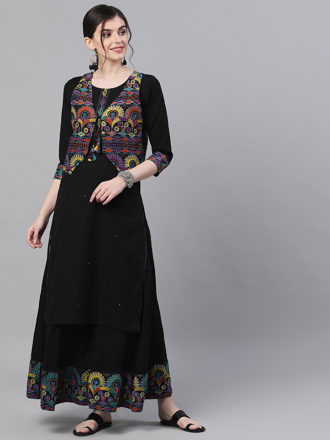 

Ishin Women Black Yoke Design Kurta with Skirt
