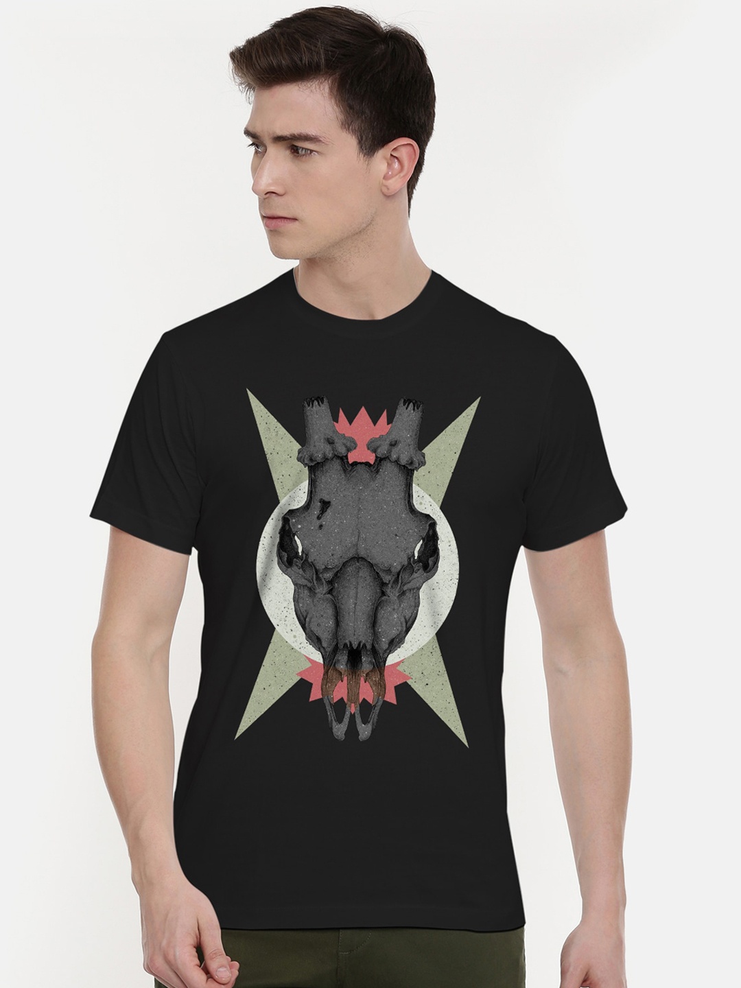 THREADCURRY Men Black Printed Round Neck T-shirt