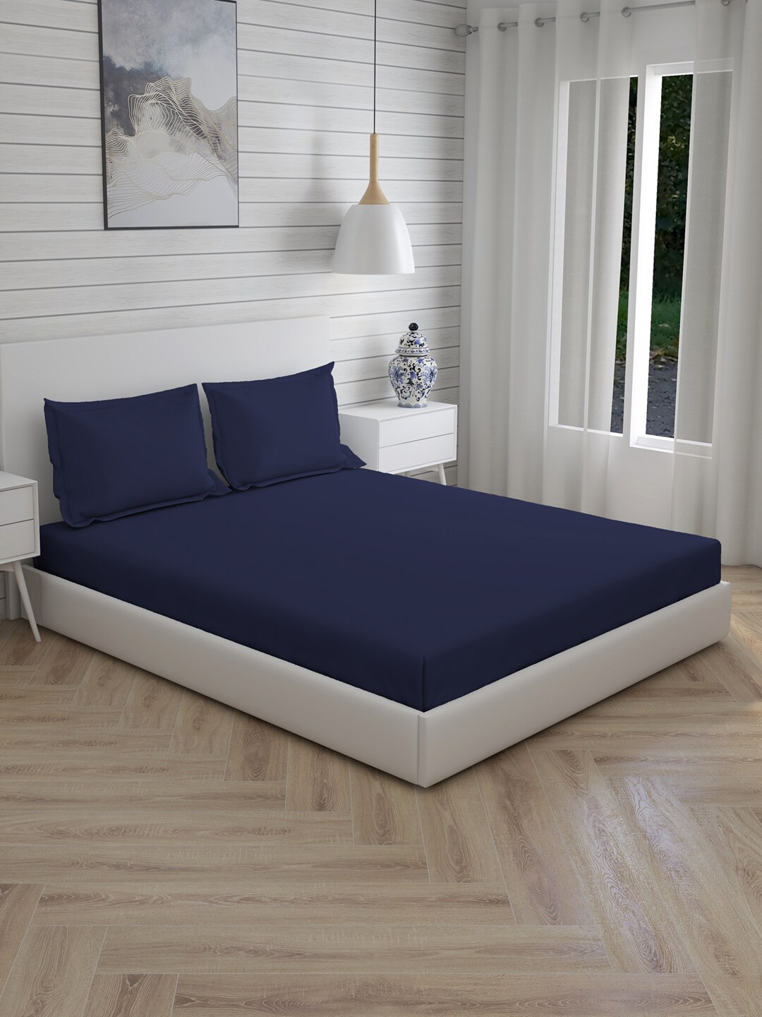 

Boutique Living India Navy Solid Double Bedsheet with 2 Pillow Covers, Navy blue