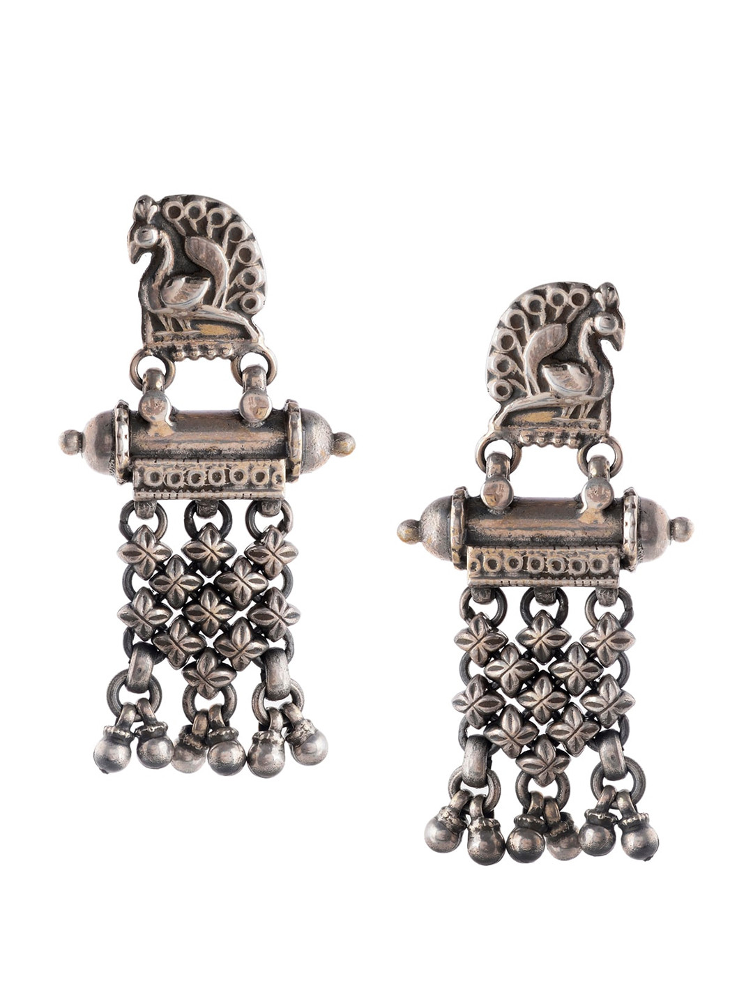 

Silvermerc Designs Silver-Toned Peacock Shaped Drop Earrings