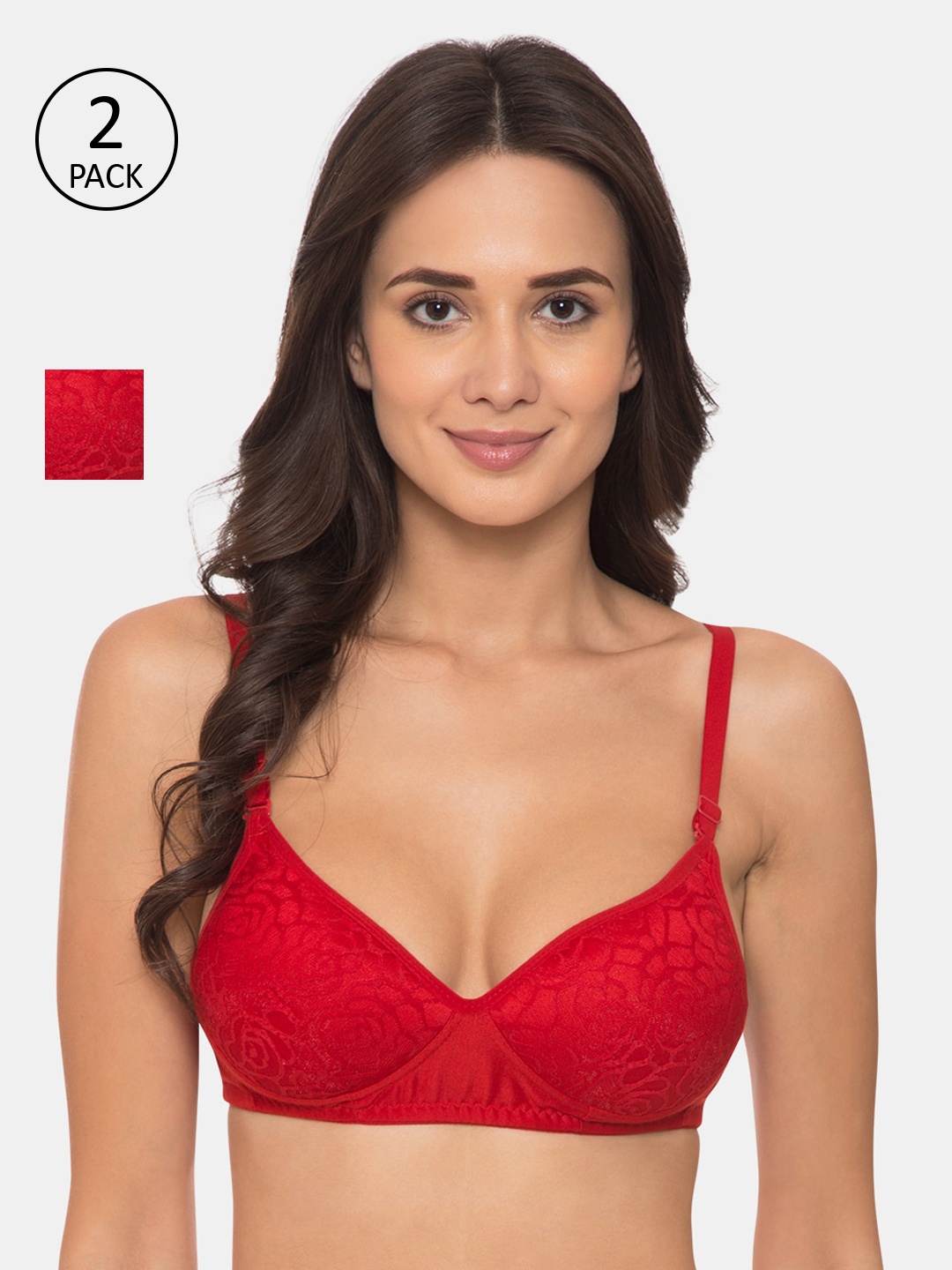 

KOMLI Pack of 2 Red Solid Non-Wired Lightly Padded T-shirt Bra
