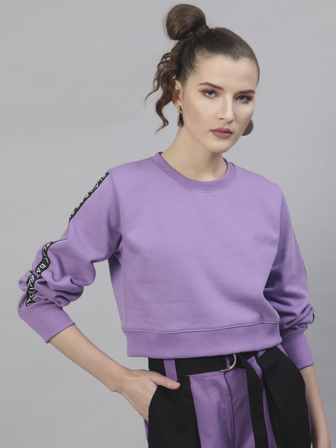 STREET 9 Women Lavender Solid Cotton Crop Sweatshirt