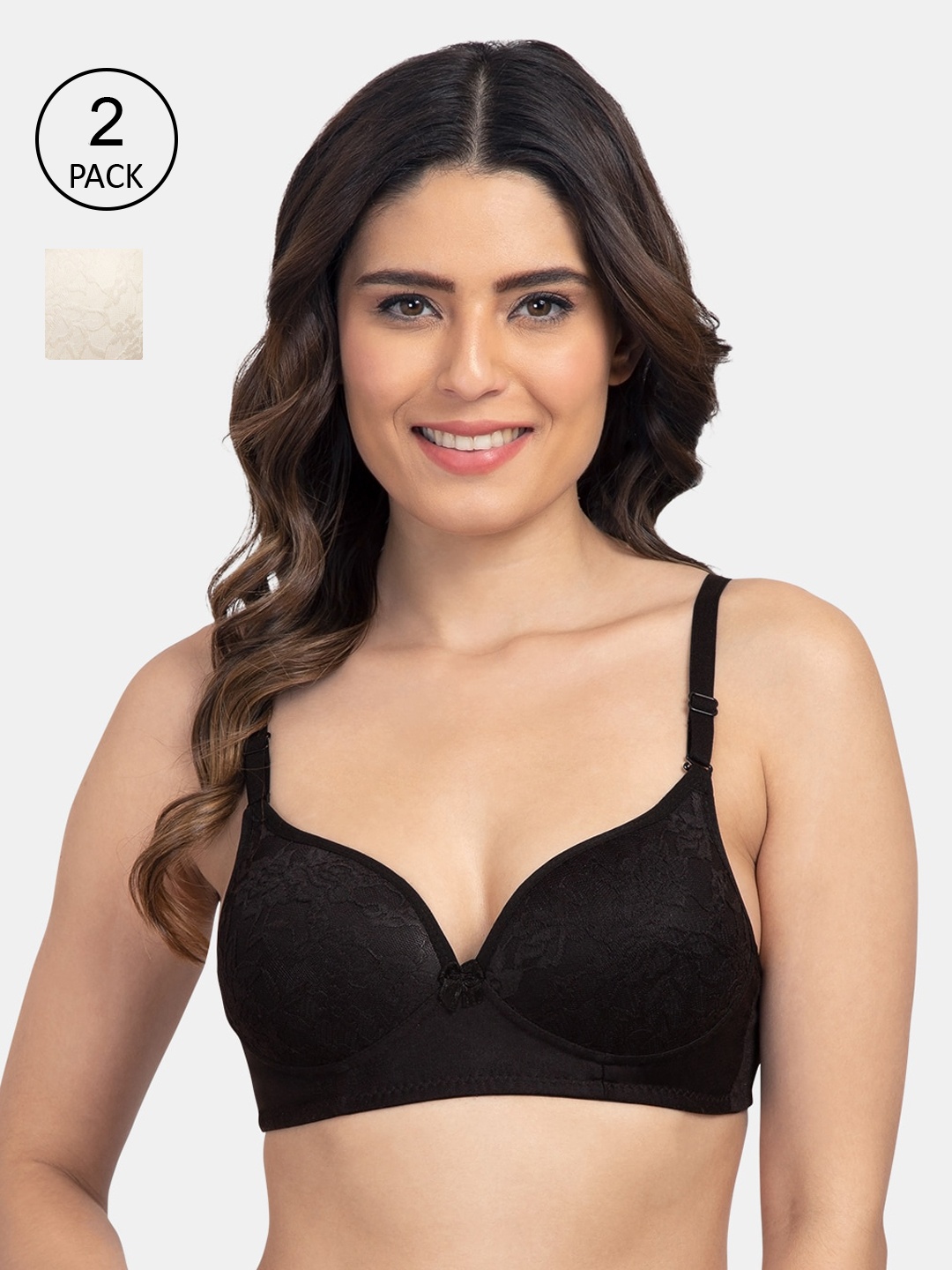 

KOMLI Pack of 2 Solid Non-Wired Heavily Padded T-shirt Bra K-9521, Black