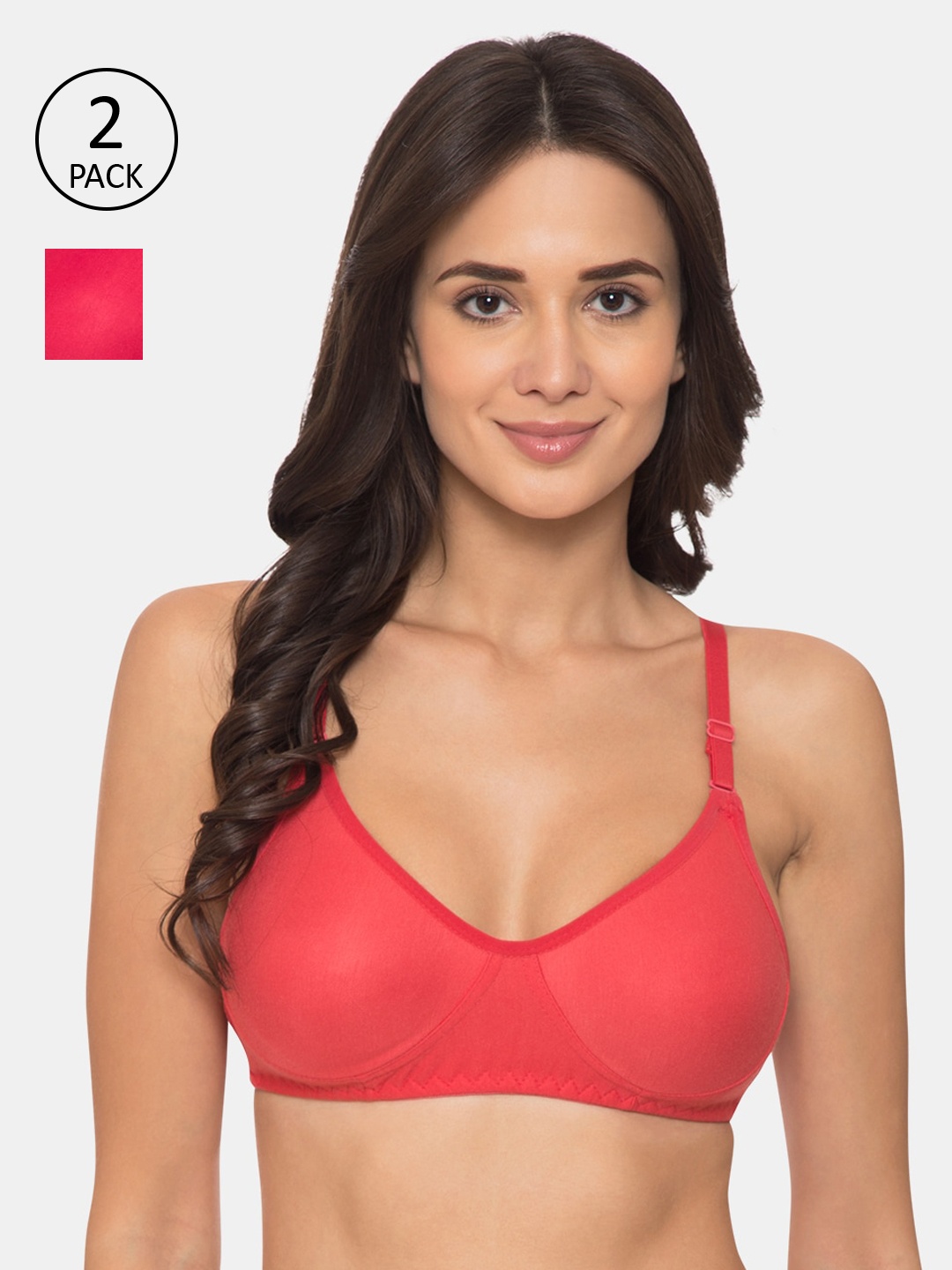 KOMLI Pack of 2 Solid Non-Wired Non Padded Everyday Bra K-983-CRL, Coral