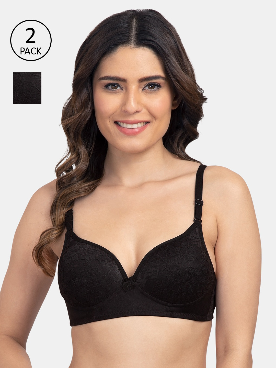 

KOMLI Pack Of 2 Solid Non-Wired Heavily Padded T-shirt Bra K-9521-2PC, Black