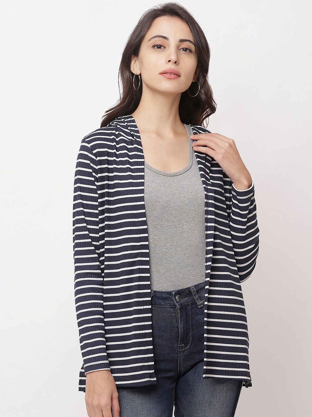 

Globus Women Navy Blue & White Striped Open Front Shrug