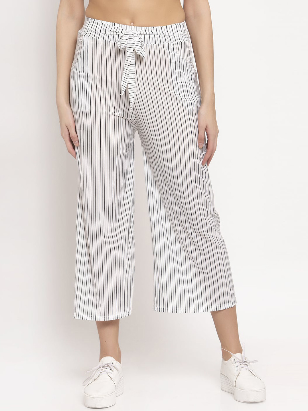 

KLOTTHE Women White & Grey Striped Wide-Leg Palazzo