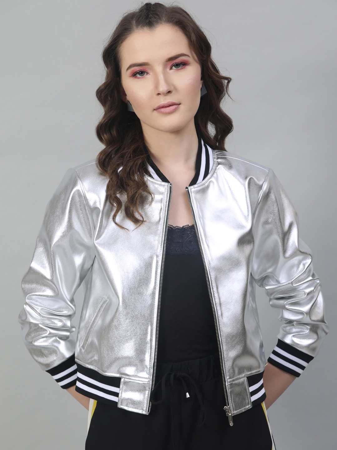 

STREET 9 Women Silver-Toned Solid Bomber