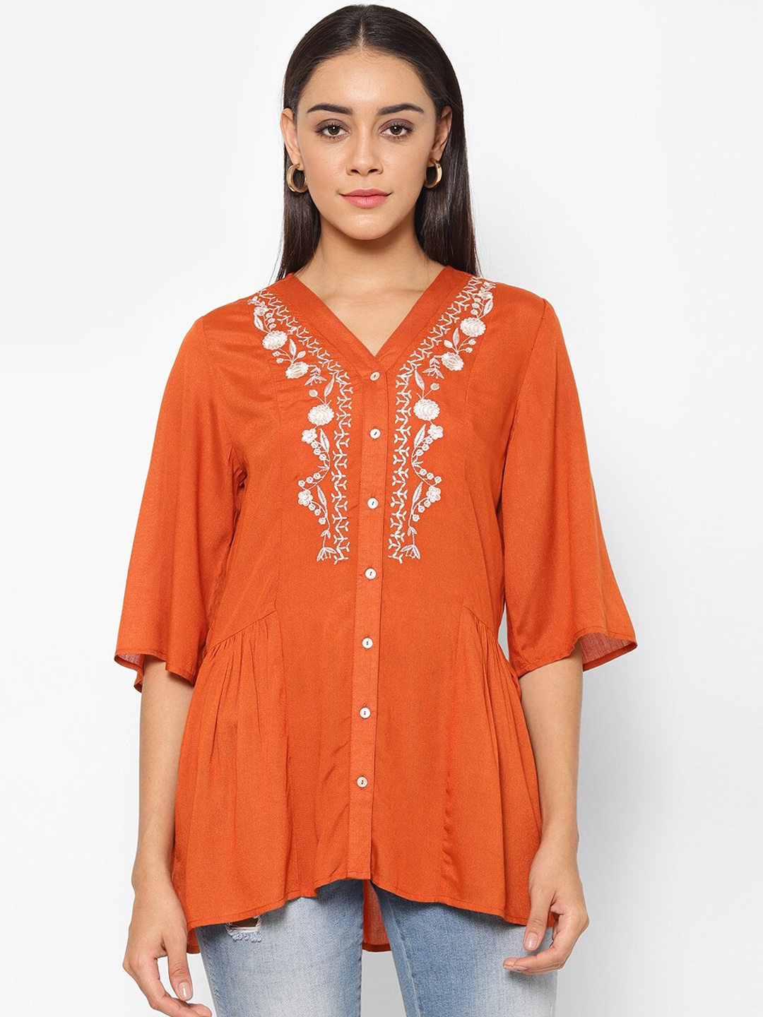 

HOUSE OF KKARMA Women Orange Embroidered Cinched Waist Top