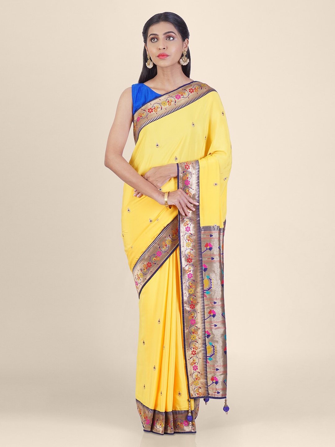 

Hastakala Yellow & Navy Blue Poly Crepe Woven Design Paithani Saree
