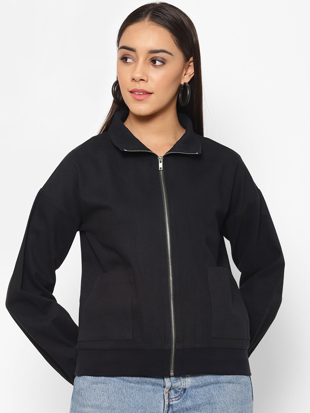 

HOUSE OF KKARMA Women Black Solid Bomber Jacket