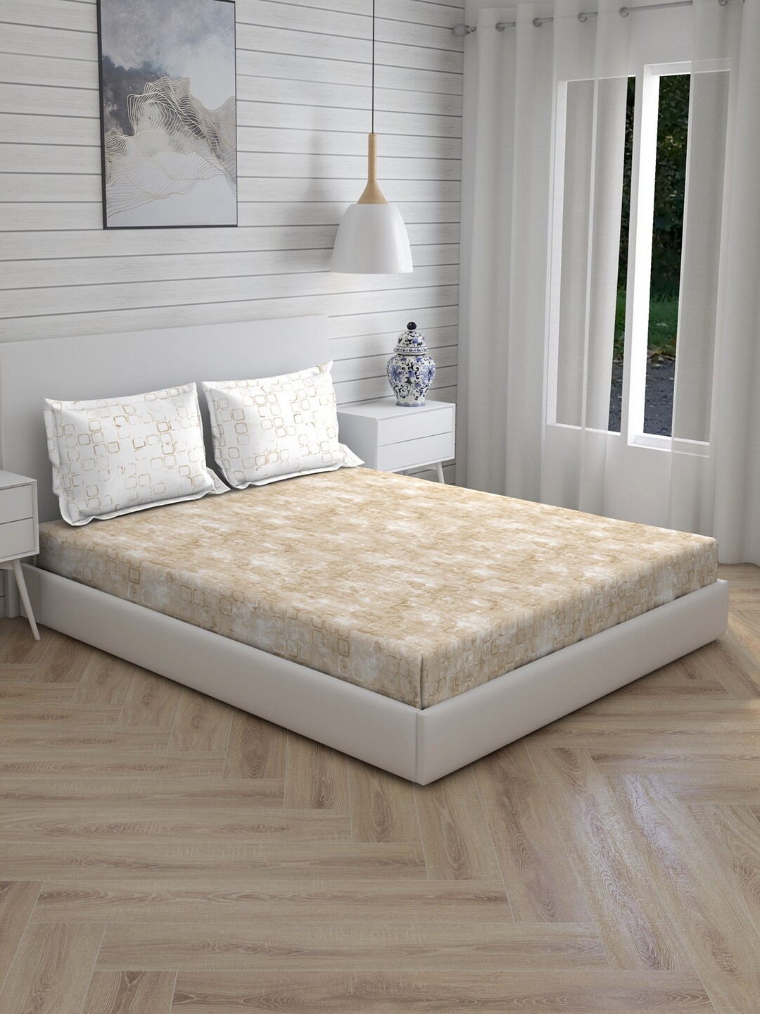 

Boutique Living India Beige Geometric 300TC Cotton Bed Cover With 2 Pillow Covers