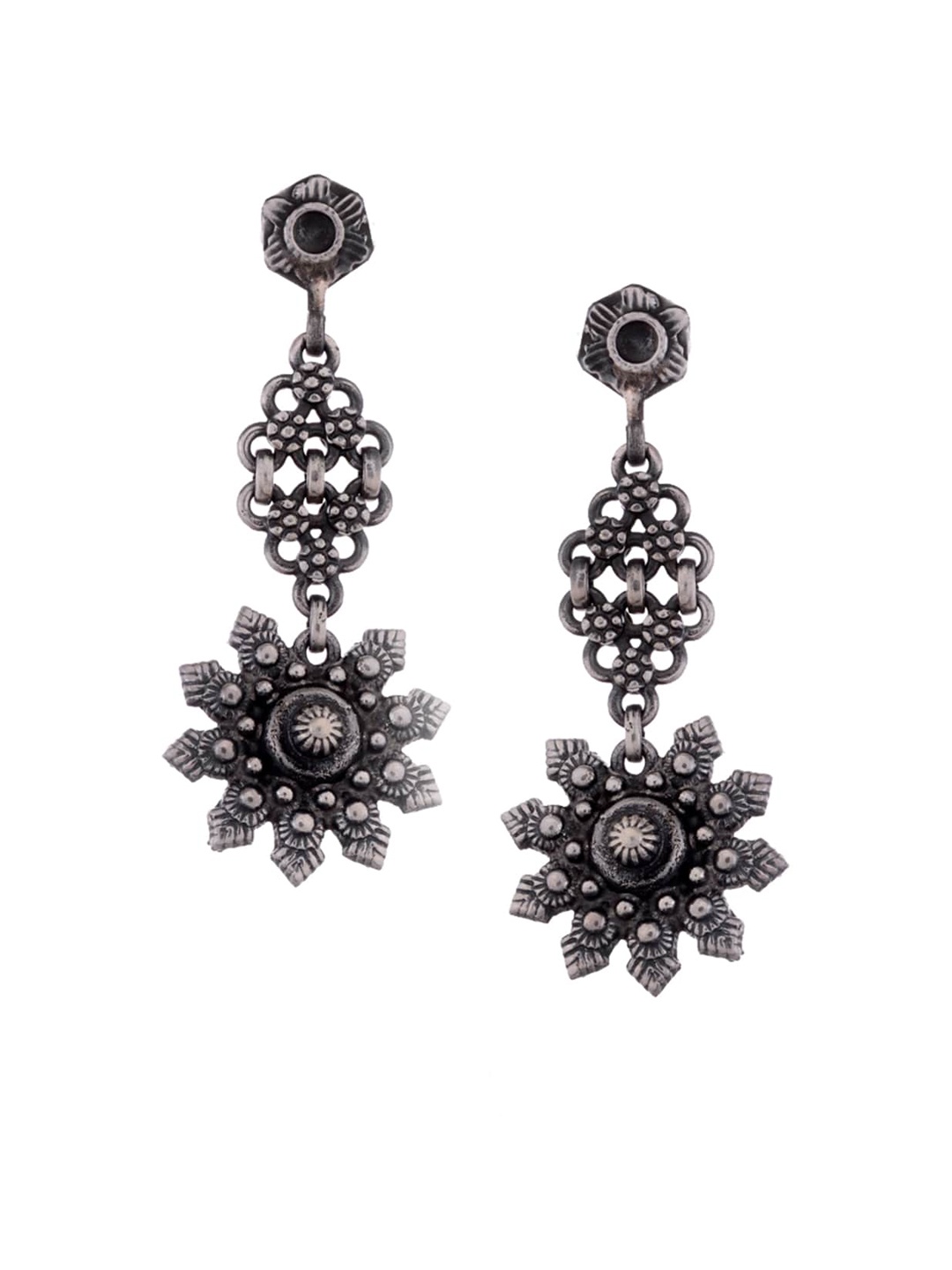 

Silvermerc Designs Black Silver-Plated Oxidised Floral Drop Earrings