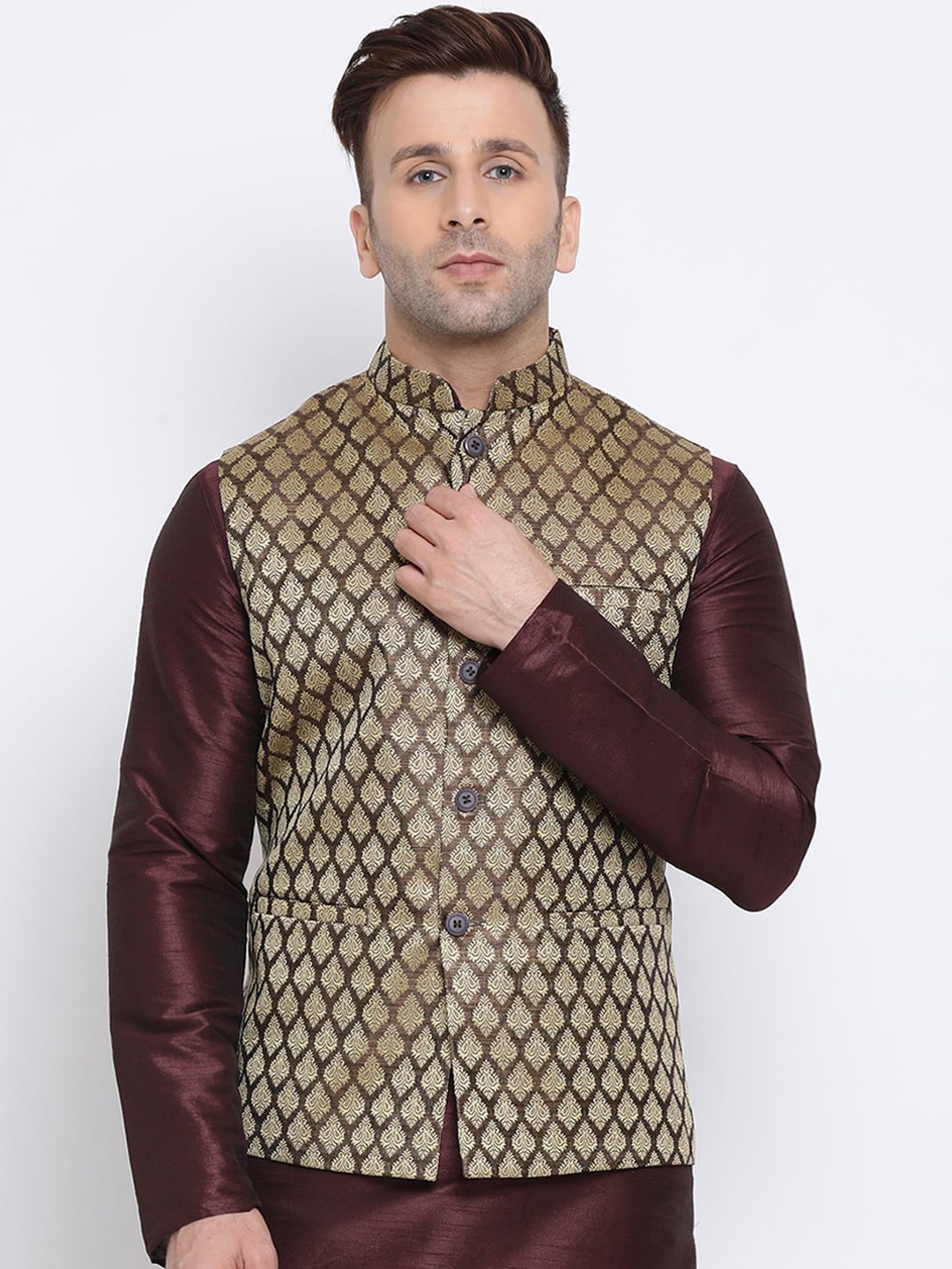 

NAMASKAR Men Grey Printed Nehru Jacket